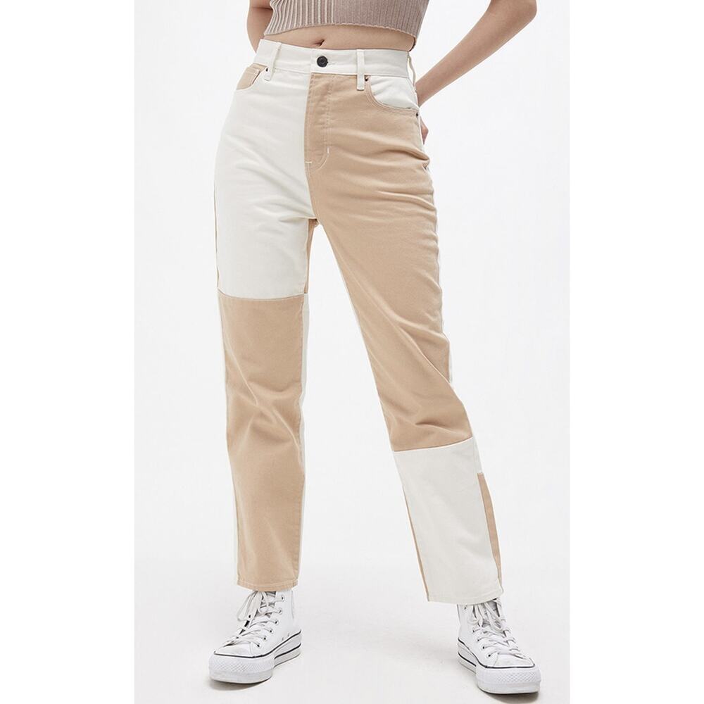 Pacsun Beige Cream Color Block Panel High Waist Button Fly Straight Leg Dad Jean